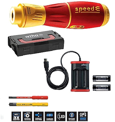 מברג חשמלי מקצועי ראש מתחלף speedE® II כולל 2 ביטים מטען סוללה וארגז L-Boxx Mini - WIHA